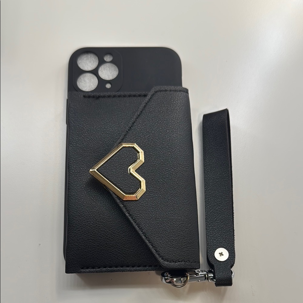 Black Leather Phone Case with Gold Heart Accent iPhone 11 Pro